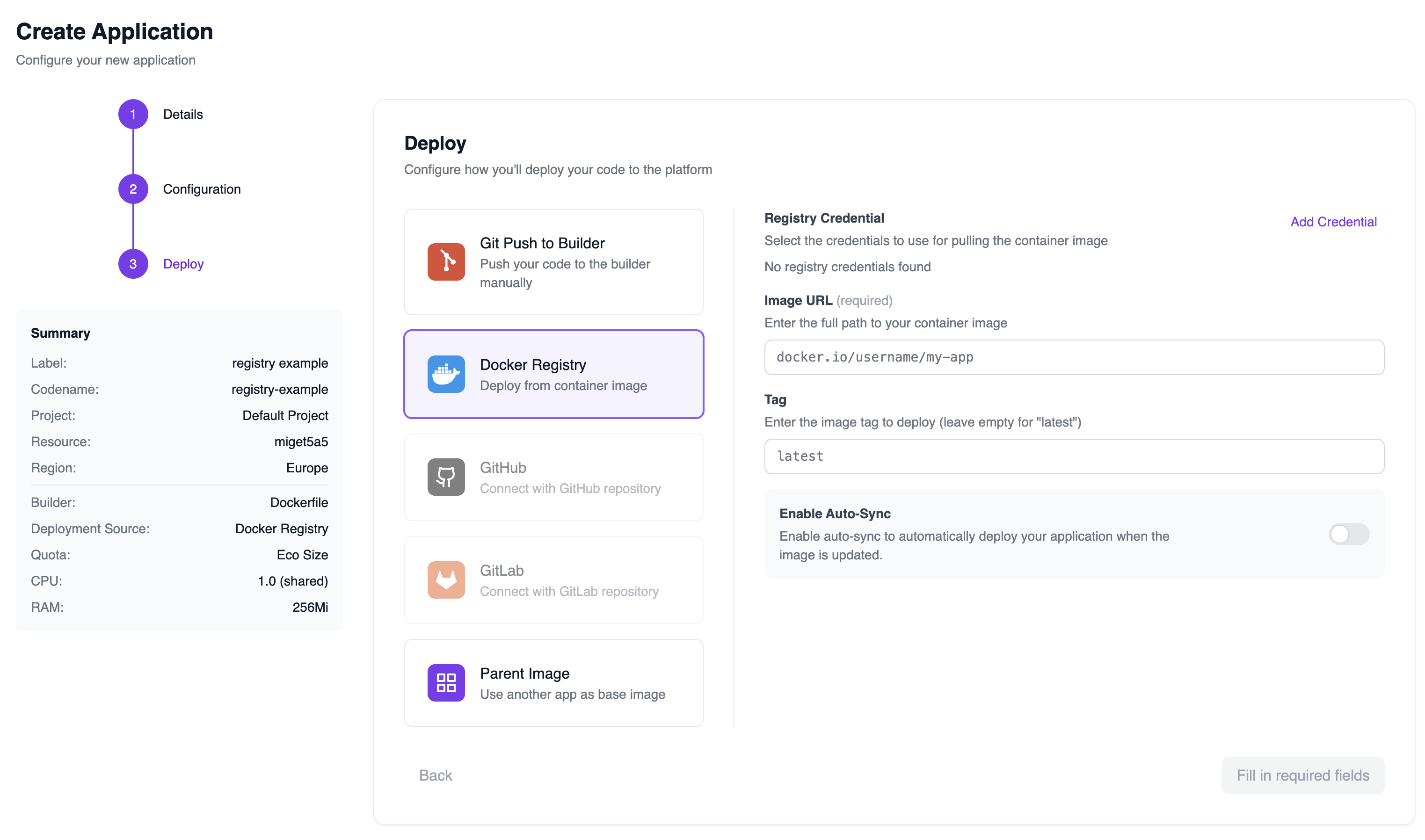Create Application with Docker Registry